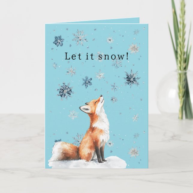 Tarjeta Fox Blue Snowflakes Christmas Let it Snow (Anverso)