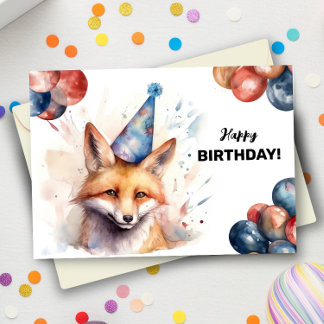 Tarjeta Fox con globos y Gorra Fiesta feliz cumpleaños