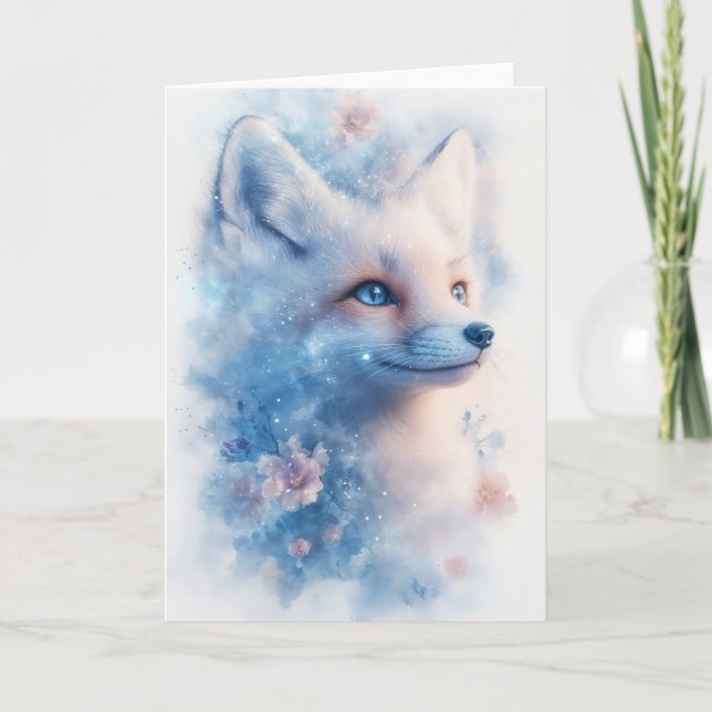 Tarjeta Fox de invierno radiante con flores y ojos azules (Anverso)