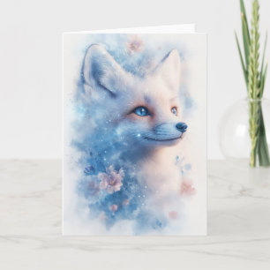 Tarjeta Fox de invierno radiante con flores y ojos azules