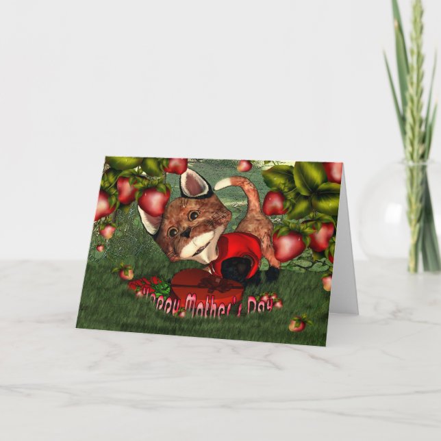 Tarjeta Fox del Día de la Madre con fresas y jardín (Anverso)