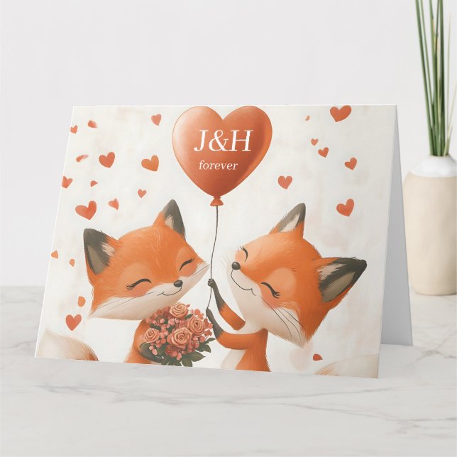 Tarjeta Fox Love Design with Personalizable Initials (Anverso)