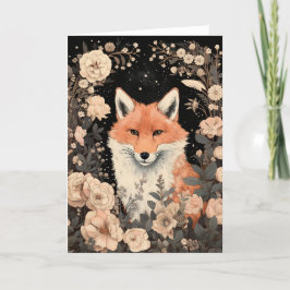 Tarjeta Fox roja adorable en flores vintage