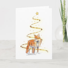 Tarjeta Fox roja en un árbol de Navidad de cinta dorada