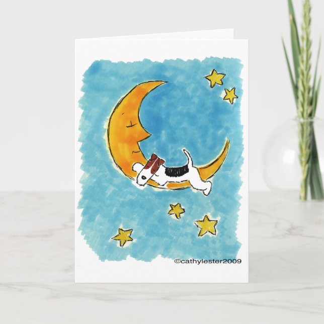 Tarjeta Fox terrier del alambre en la luna (Anverso)