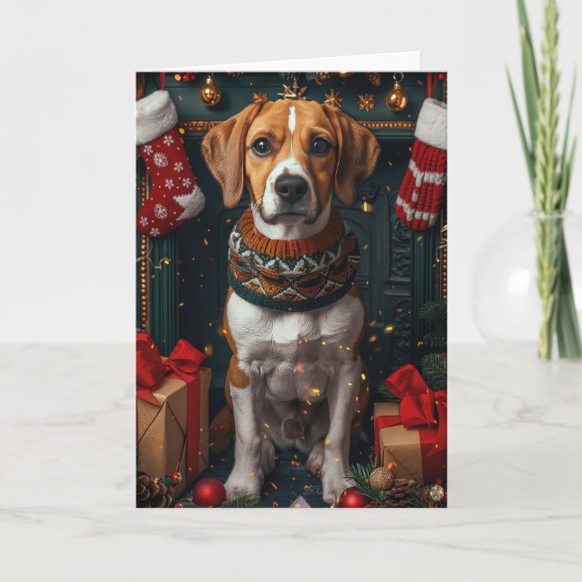 Tarjeta Foxhound inglés americano con regalos de Navidades (Anverso)