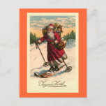 Tarjeta francesa de época "Santa on Skis"<br><div class="desc">Diseñado por Susan Epps Oliver. Imagen francesa vintage que muestra a Santa Claus en esquís. Se ve muy feliz esquiando por una montaña con una canasta de fruta en el brazo y un saco de juguetes en la espalda.</div>