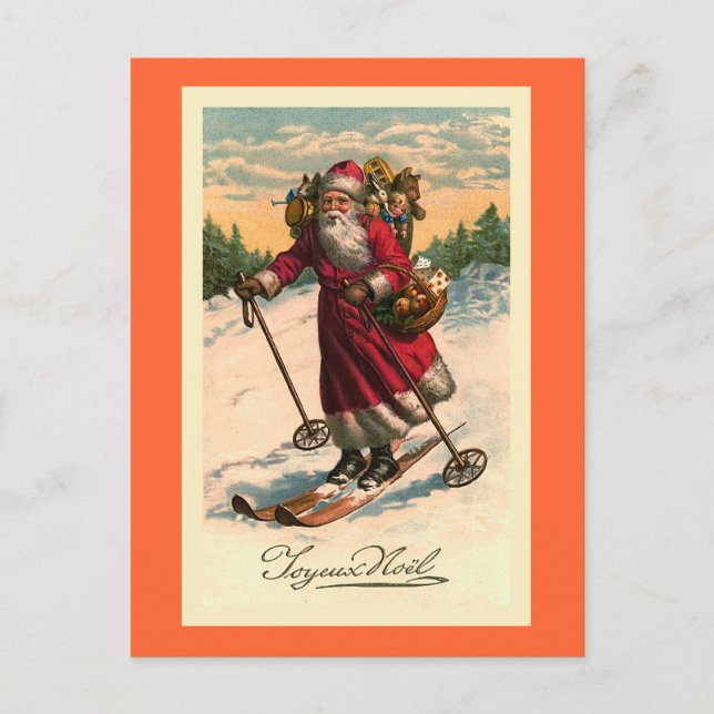 Tarjeta francesa de época "Santa on Skis" (Anverso)