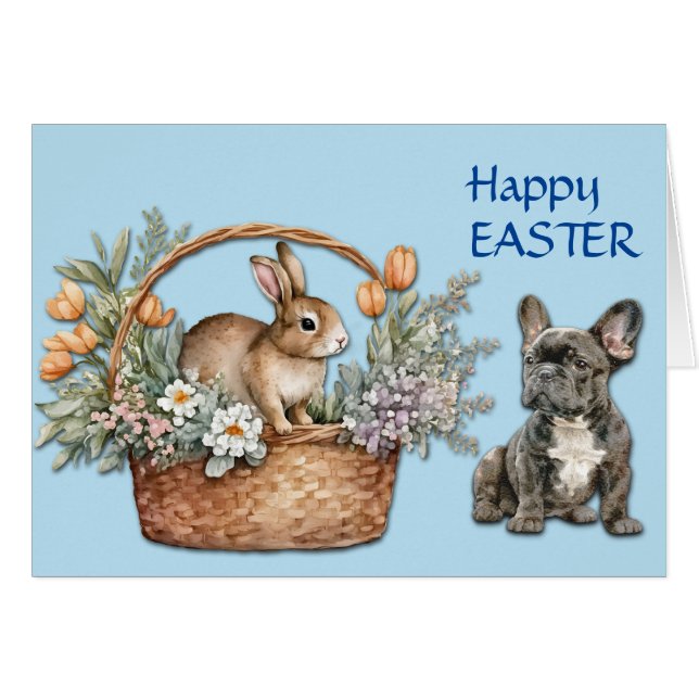 Tarjeta francesa de pascua de Bulldog y conejo (Anverso (Horizontal))