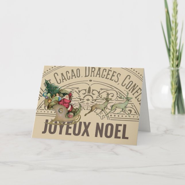 Tarjeta francesa Joyeux Noel Santa Reindeer Navida (Anverso)