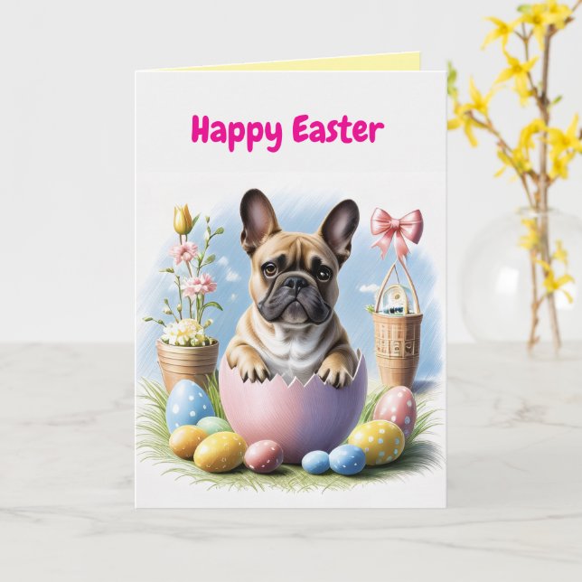 Tarjeta Französische Bulldogge Frohe Ostern French Bulldog (flor amarilla)