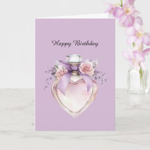 Tarjeta Frasco de perfume morado lazo flores rosadas cumpl