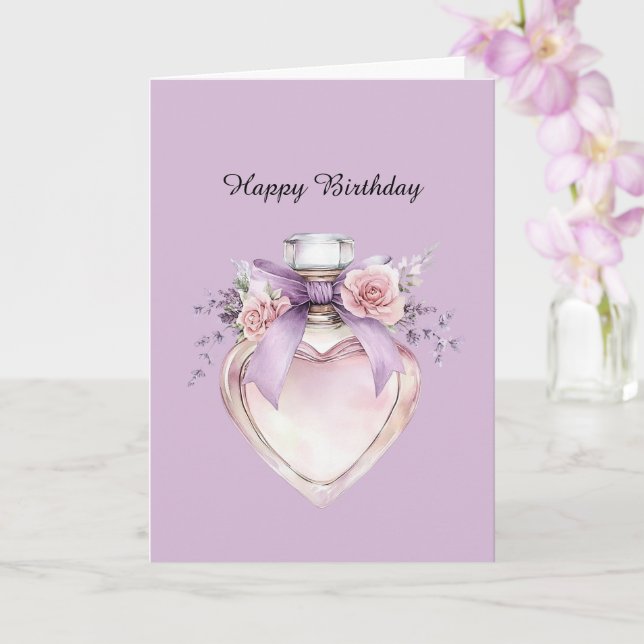Tarjeta Frasco de perfume morado lazo flores rosadas cumpl (Orquídea)