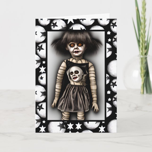 Tarjeta Freaky Scary Spooky Old Doll Halloween (Anverso)
