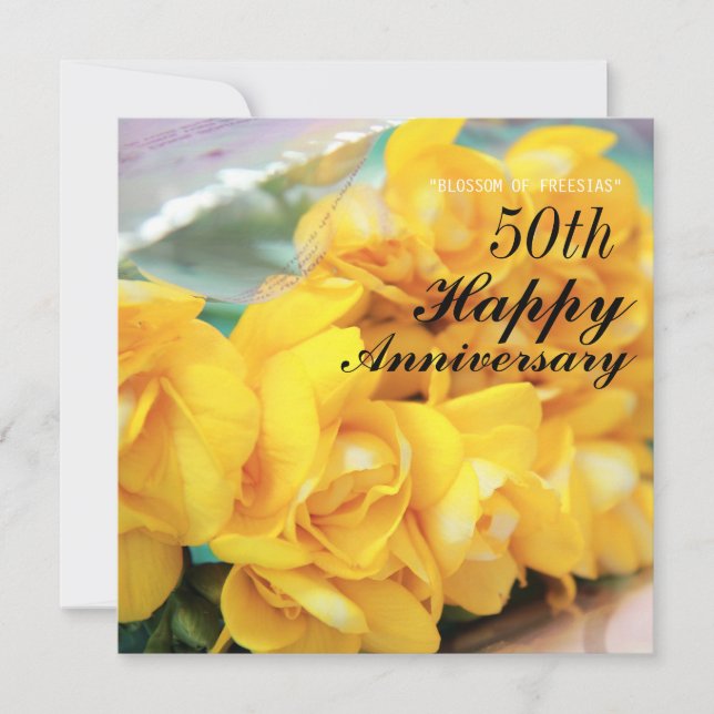 Tarjeta Freesias amarillas 50 aniversario de bodas (Anverso)
