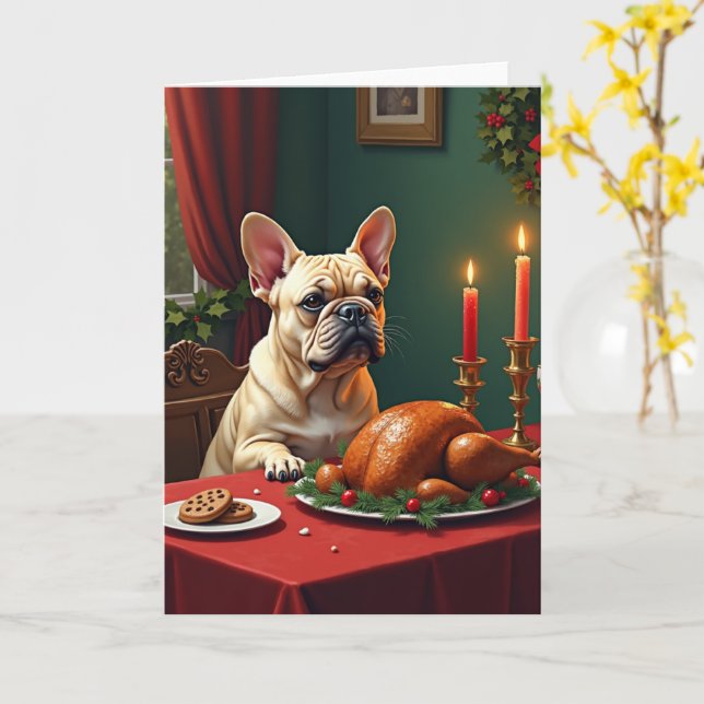 Tarjeta French Bulldog Christmas Eve Feast Painting (flor amarilla)