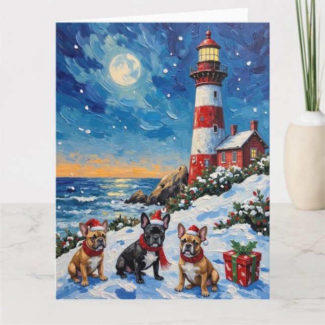 Tarjeta French Bulldog Christmas Lighthouse Holiday (Anverso)