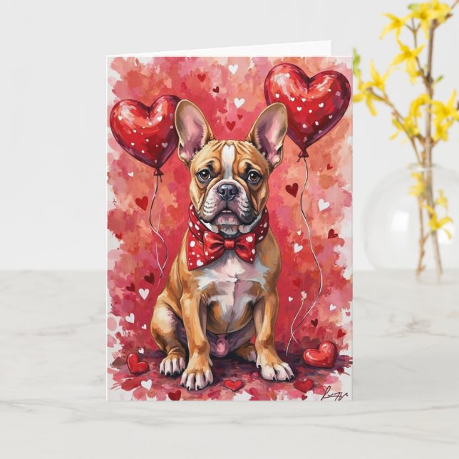 Tarjeta French Bulldog Valentine’s Day Dog with Hearts Red (flor amarilla)