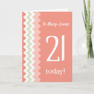 Tarjeta Frente personalizado 21 cumpleaños, Coral, Chevron