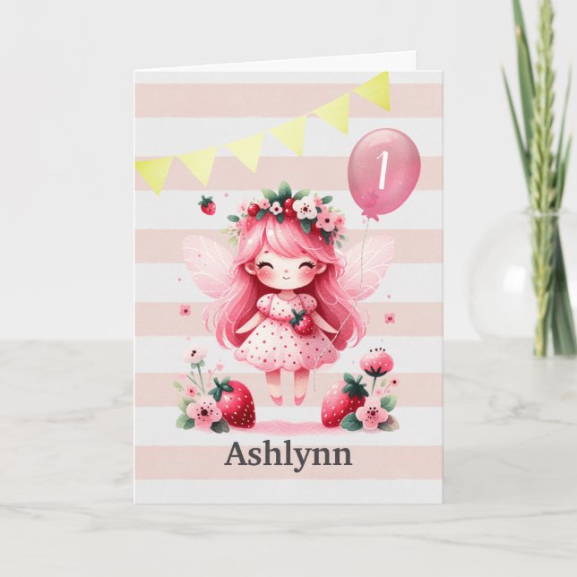 Tarjeta Fresa Rosada Fairy 1er cumpleaños (Anverso)