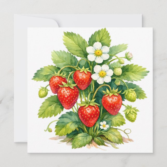 Tarjeta Fresas al acuarela y flor de baya  (Anverso)