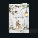 Tarjeta Friend Winter Woodland Scene Wolf Greeting Card<br><div class="desc">Una maravillosa tarjeta de invierno Woodland para tu amigo. Este diseño presenta un ilustracion acuarela de un paisaje de bosque invernal con lobo. Puedes usar esta tarjeta para cualquier fiesta de invierno,  solamente para pensar en ti o agradecerte</div>