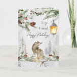 Tarjeta Friend Winter Woodland Scene Wolf Greeting Card<br><div class="desc">Una maravillosa tarjeta de invierno Woodland para tu amigo. Este diseño presenta un ilustracion acuarela de un paisaje de bosque invernal con lobo. Puedes usar esta tarjeta para cualquier fiesta de invierno,  solamente para pensar en ti o agradecerte</div>