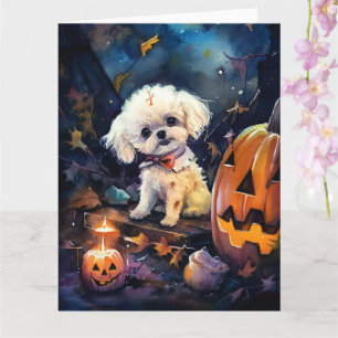 Tarjeta Frisa de Bichon de Halloween con calabazas asustad