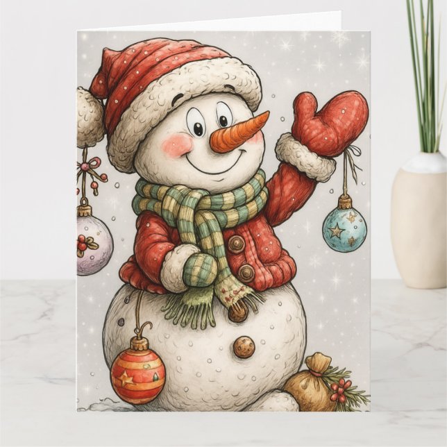 Tarjeta Fröhlicher Schneemann mit Weihnachtskugeln  (Anverso)