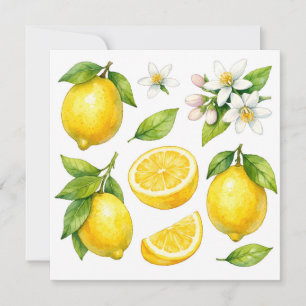 Tarjeta Fruta de limón acuarela, hojas y flor de limón