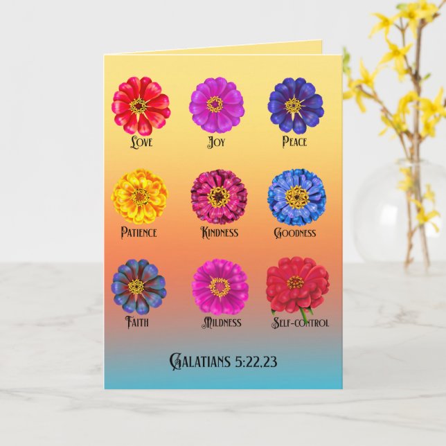Tarjeta Fruto del espíritu con zinnias  (flor amarilla)