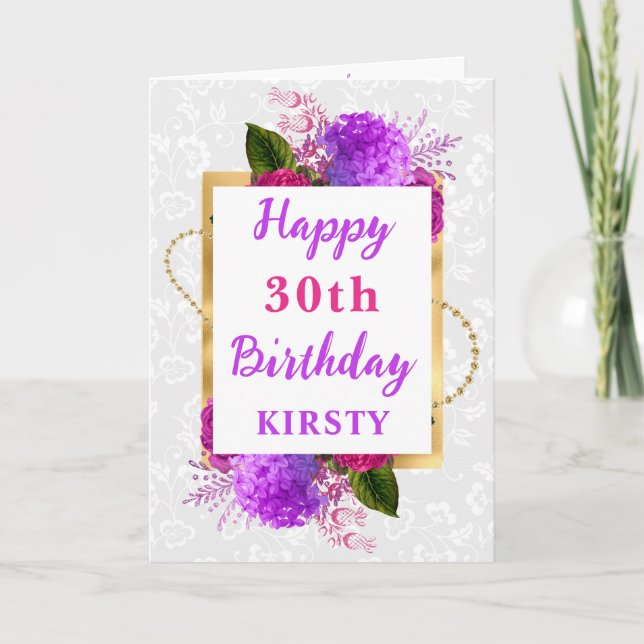 Tarjeta Fuchsia y Shabby Morado Cumpleaños (Anverso)