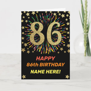 Tarjeta Fuegos artificiales 86º cumpleaños de oro arcoiris