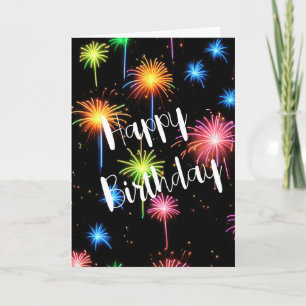 Tarjeta Fuegos artificiales de neón de cumpleaños sobre ne