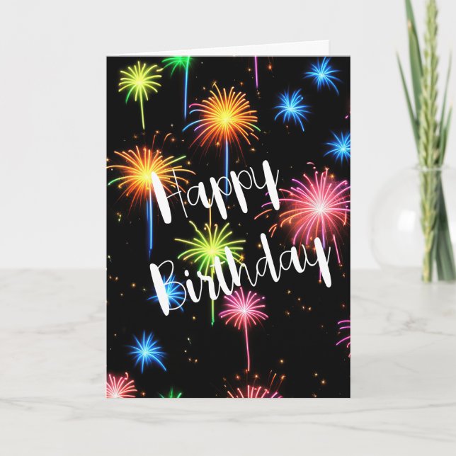 Tarjeta Fuegos artificiales de neón de cumpleaños sobre ne (Anverso)