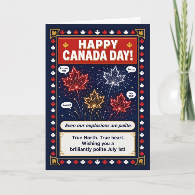 Tarjeta Fuegos artificiales del Día de Canadá Humor educad (Anverso)