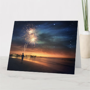 Tarjeta Fuegos Artificiales en la Playa bajo el Cielo Noct