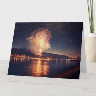 Tarjeta Fuegos artificiales explotando sobre la playa