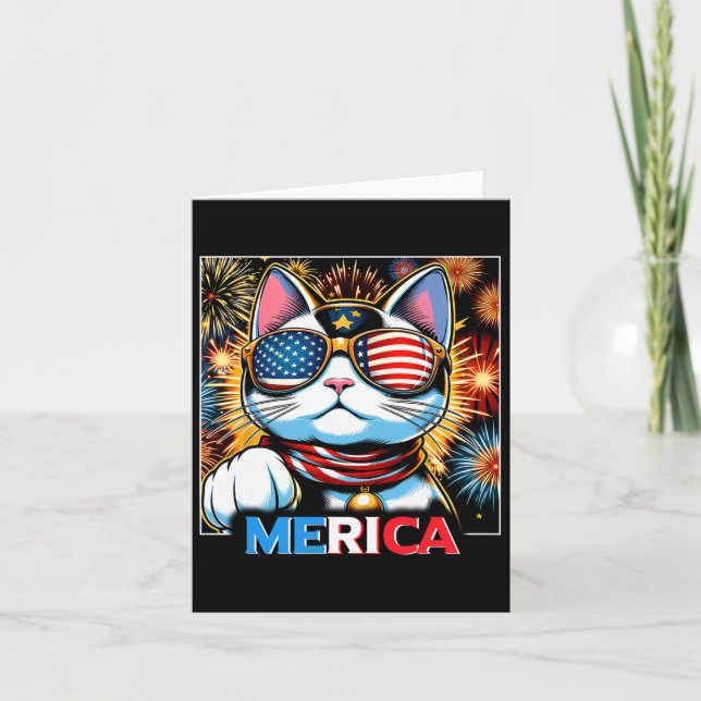 Tarjeta Fuegos artificiales Patriótico Maneki Neko Cat Mer (Anverso)