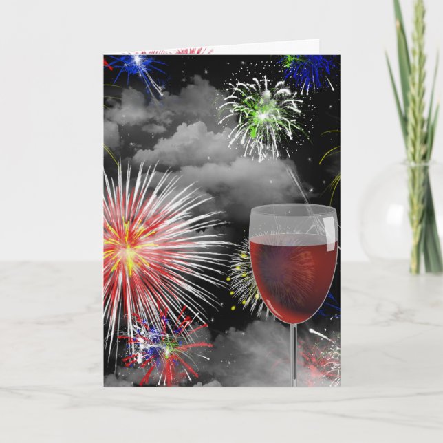 Tarjeta fuegos artificiales y cumpleaños de vidrio de vino (Anverso)