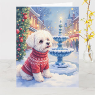 Tarjeta Fuente Festiva de Bichon Frise con Acuarela Navida