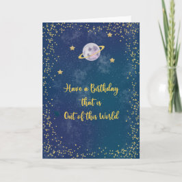 Tarjeta Fuera de este cumpleaños mundial con planeta y est