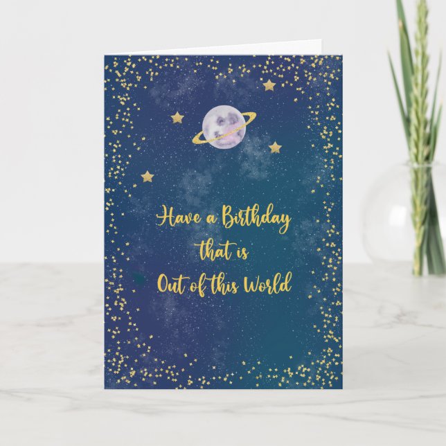 Tarjeta Fuera de este cumpleaños mundial con planeta y est (Anverso)