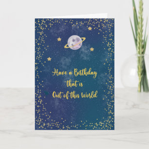 Tarjeta Fuera de este cumpleaños mundial con planeta y est