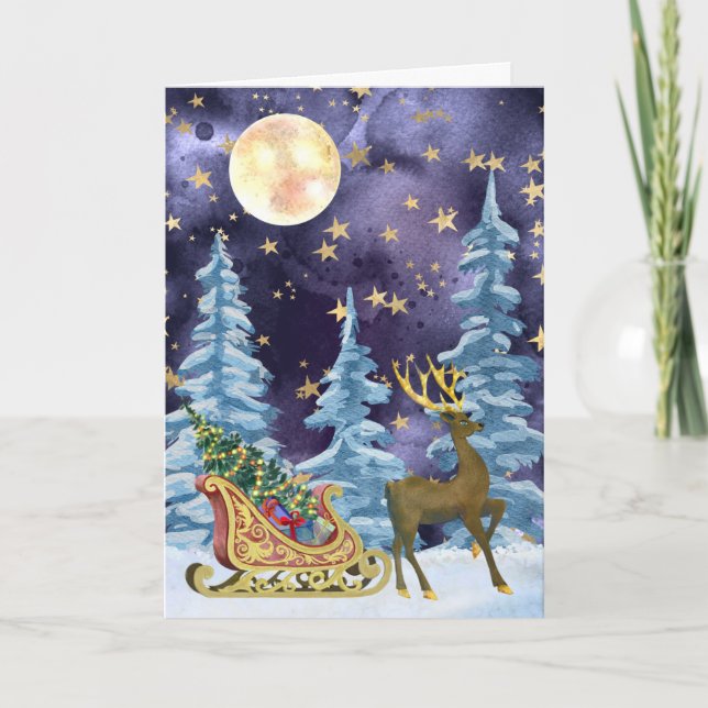 Tarjeta Full Moon Over Reindeer With Sleigh (Anverso)