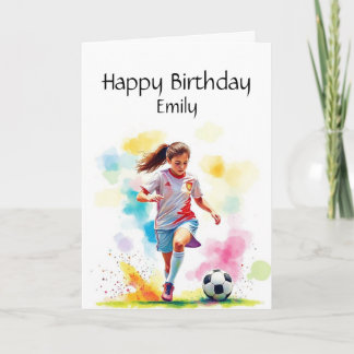 Tarjeta Fun Birthday Custom Name Chica jugador de fútbol
