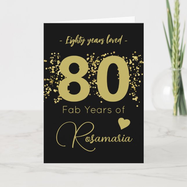 Tarjeta Fun Black Gold Purpurina 80th Birthday Card (Anverso)