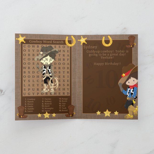 Tarjeta Fun Boys Cowboy Word Search Happy Birday (Interior)