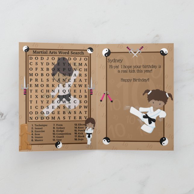 Tarjeta Fun Brown Chicas Karate Word Search Feliz cumpleañ (Interior)
