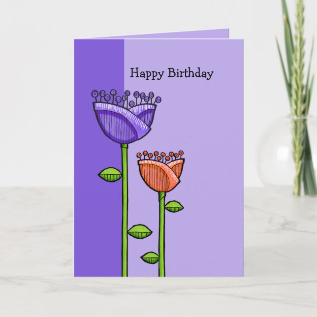 Tarjeta Fun Doodle Flores moradas naranja de cumpleaños (Anverso)